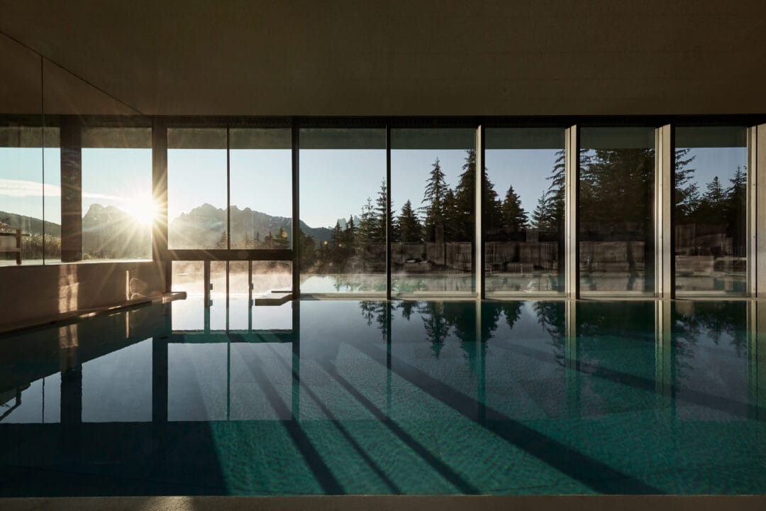 Hotel Forestis Spa Pool Indoor with Mountain Views and Sunset